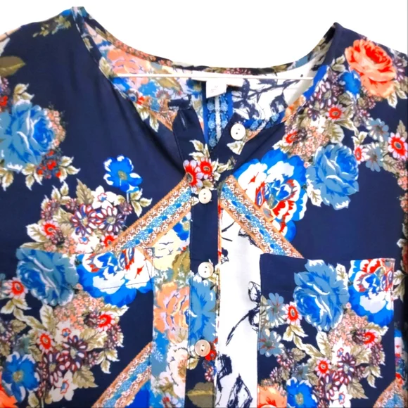 Westport Artsy Floral Patchwork 3/4 Sleeve Semi Sheer Long Tunic Blouse, M - Picture 3 of 11